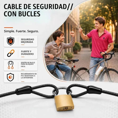 Vista 6 de Cable de seguridad para bicicleta con bucles, cable de bloqueo resistente de 3/8 pulgadas (0.394 in), cadena de seguridad de acero recubierto