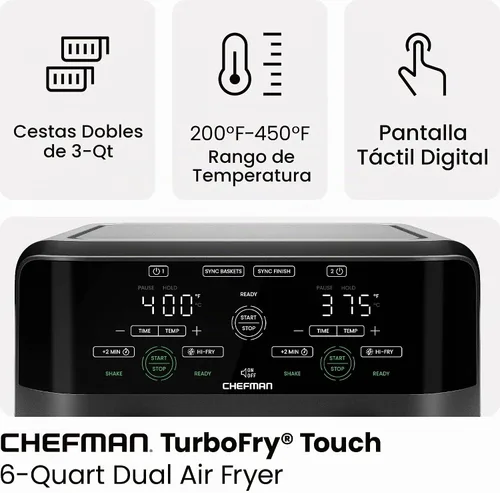 Vista 4 de Chefman Freidora de Aire de Doble Canasta de 6 Cuartos - Pantalla Táctil Digital, Smart Sync Finish, Hi-Fry, Apagado Automático, 2 Canastas de Freír