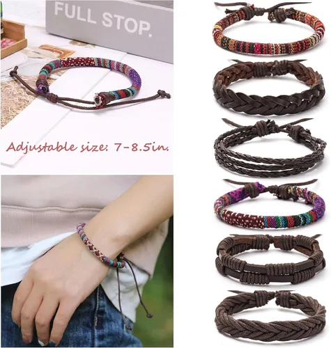Vista 3 de MOZAKA 36 pulseras de cuero trenzado para hombres y mujeres, hechas a mano, pulseras de cuentas de madera, pulseras étnicas tribales vintage, juego