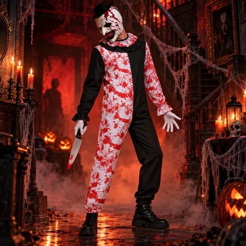 Vista 5 de 5Pcs Art Clown Costume Adults Terrifying Mask Halloween Outfit Red
