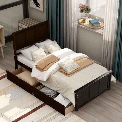 Vista 3 de P PURLOVE Marco de cama de tamaño individual con dos cajones debajo, marco de cama de plataforma doble de madera con cabecera con soporte de Espresso