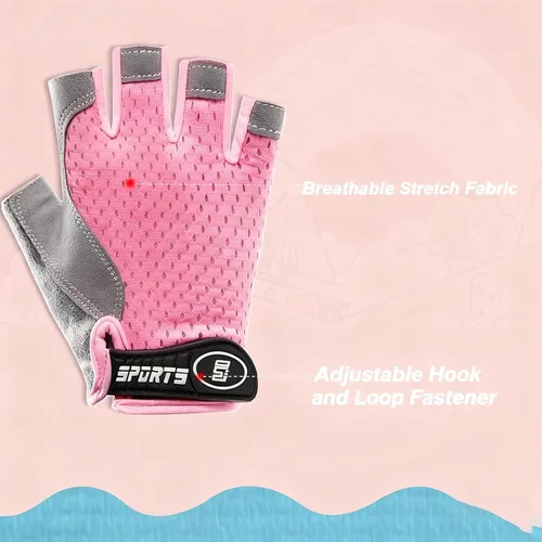 Vista 4 de Guantes de ciclismo para niños y niñas de 5 a 9 años de edad, color rosa con medio dedo, antideslizantes, con relleno, antideslizantes, sin dedos