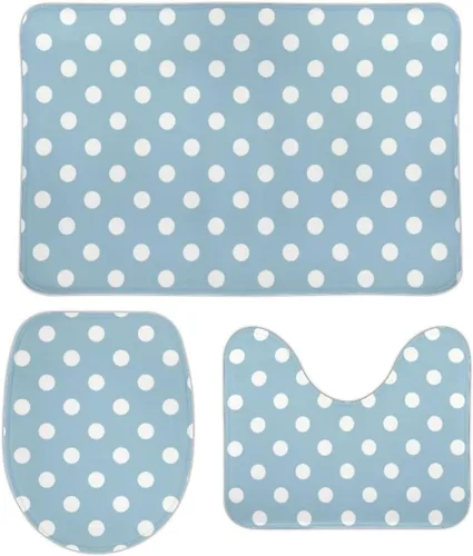 Vista 22 de Juego de 3 alfombras de baño con diseño de lunares, color azul aguamarina, antideslizante, con contorno en forma de U y tapa de inodoro