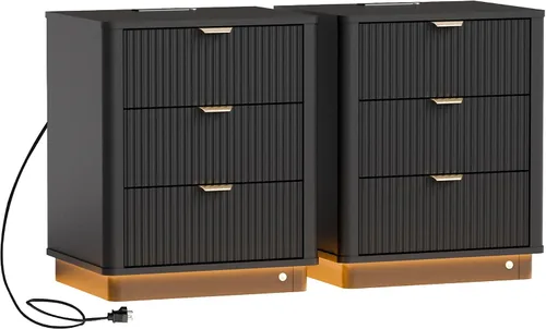 Vista 16 de Mesita de noche LED acanalada, mesita de noche curvada inteligente con iluminación de estación de carga, mesa auxiliar de madera con 2 cajones