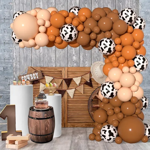 Vista 3 de JOGAMS Kit de guirnalda de arco de globos de vaca con 163 globos con estampado de vaca marrón desnudo para granja, vaquera occidental, temática