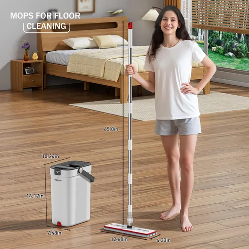 Vista 11 de Juego de trapeador y cubeta, sistema de mopa plana y cubeta con agua sucia y limpia separadas, mopa de pared de 3 compartimentos, trapeadores planos