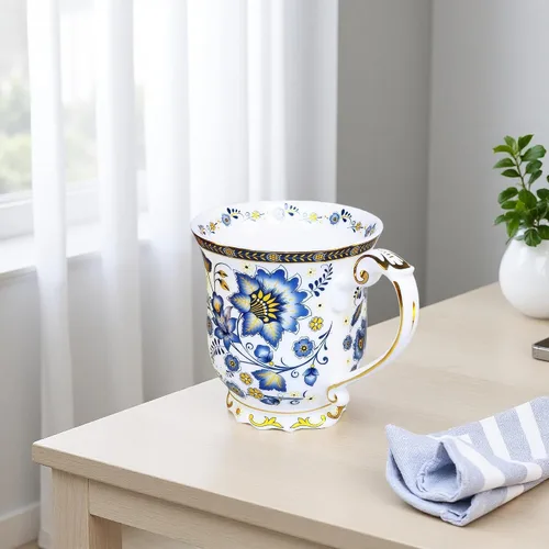 Vista 7 de Taza de café vintage con estampado de flores en relieve, taza de café retro de porcelana de alta calidad de 11.8 onzas para café, té, leche, Azul