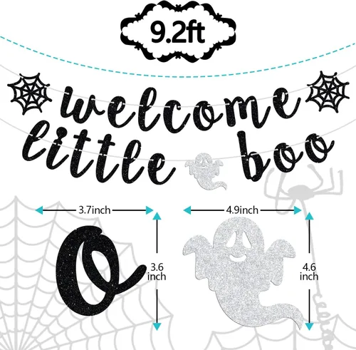 Vista 2 de Cartel de bienvenida Little Boo, Oh Baby, tema de Halloween, espeluznante baby shower, revelación de género, suministros de decoración de fiesta AF