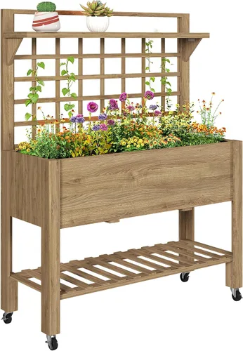 Vista 12 de Outsunny Cama de jardín elevada de 41 pulgadas con enrejado sobre ruedas, maceta elevada de madera con patas y forro de cama, para flores, hierbas