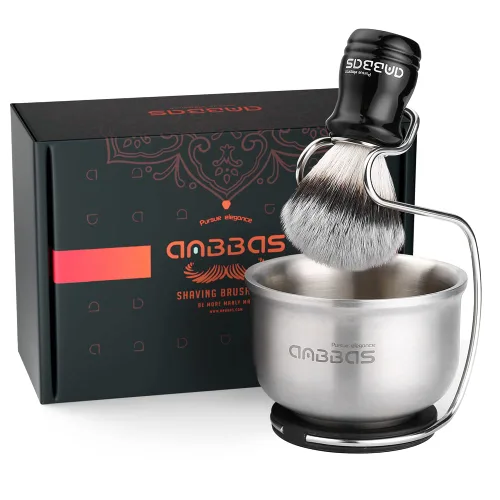 Vista 10 de Anbbas brocha de afeitar con pelo sintético de tejón y mango de madera, soporte y cuenco de afeitado de acero inoxidable, perfecto para afeitado