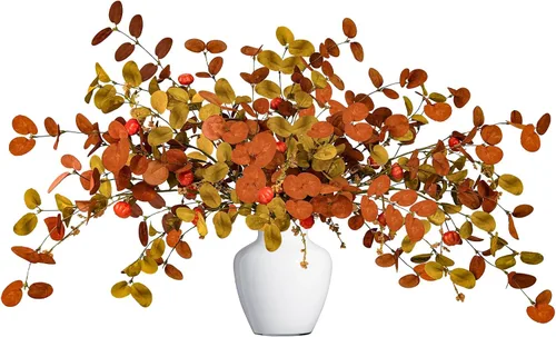 Vista 9 de 18 tallos artificiales de eucalipto de otoño, hojas de eucalipto, plantas de otoño con hojas de otoño para otoño, oficina, hogar, boda, centro