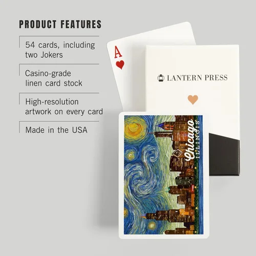 Vista 3 de Lantern Press Chicago, Illinois, Noche estrellada (52 cartas de juego, baraja de cartas de tamaño póquer con Jokers)