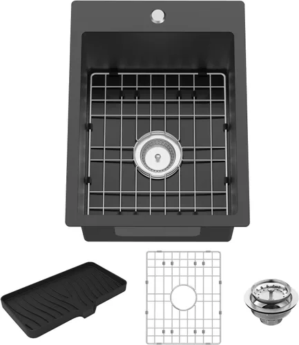 Vista 17 de Fregadero de cocina y bar negro de 12 x 16 pulgadas, pequeño tazón de acero inoxidable para montaje inferior, fregadero de cocina y bar, elección