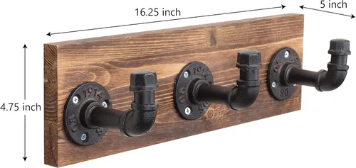 Vista 6 de MyGift Perchero de pared de madera quemada y perchero para sombreros con diseño de accesorio de tubería de 3 ganchos