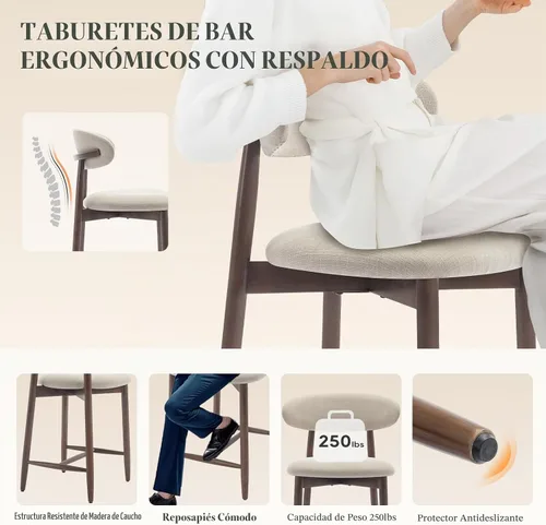 Vista 5 de Taburetes de bar tapizados de altura de mostrador, sillas de isla de cocina con respaldo, taburetes de mostrador modernos con patas de madera