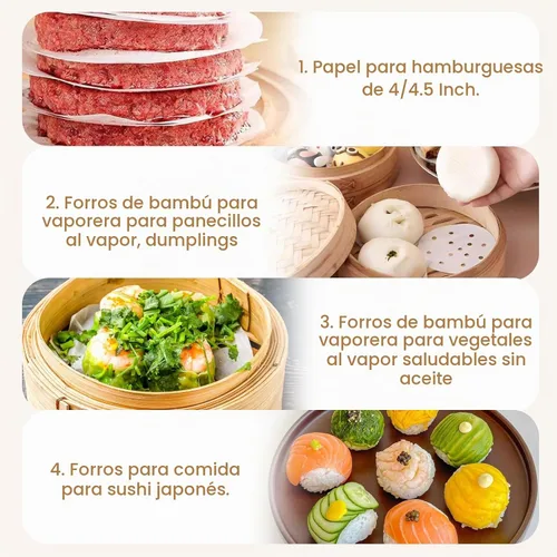Vista 3 de 400 piezas de forros para freidora de aire, forros de vaporera de bambú de 4 pulgadas, papeles de pergamino perforados de primera calidad