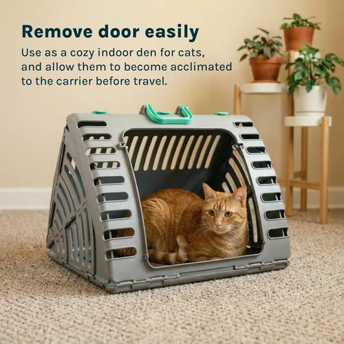 Vista 8 de SPORT PET Designs - Transportador plegable de viaje para gatos - Colección de transportador plegable de plástico con puerta frontal, cama