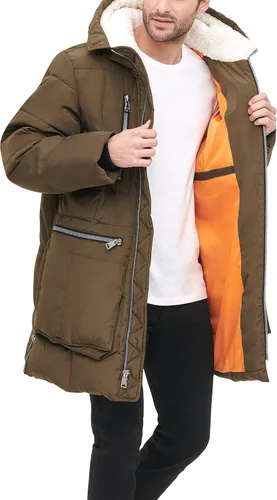 Vista 5 de Tommy Hilfiger Parka pesada acolchada con capucha Sherpa para hombre, Blanco Verde militar