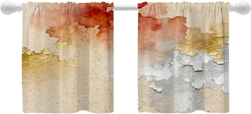 Vista 76 de Shrahala Beige and Orange Abstract Art Brushstrokes Blackout Curtain Tiers, Abstract Oil Paint Kitchen Valance Light Blocking Tier Drapes with Rod