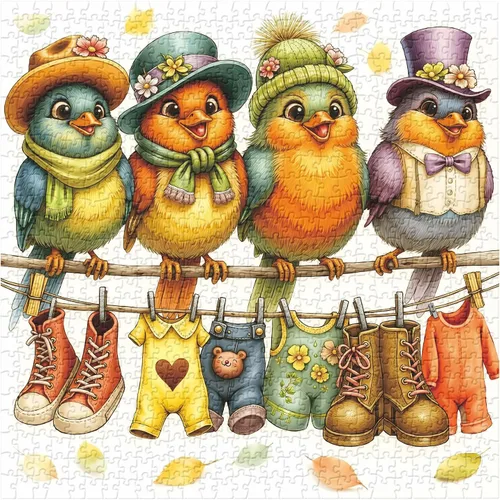 Vista 2 de Rompecabezas de 1000 piezas para la familia de pájaros lindos para adultos, coloridos pájaros con sombreros y bufandas, rompecabezas de animales