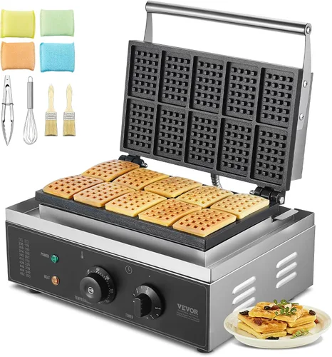 Vista 15 de VEVOR Gofrera Comercial, Máquina de Waffles Redonda de 1230W, Plancha de Waffles Belga Antiadherente de Acero Inoxidable con Control de Temperatura