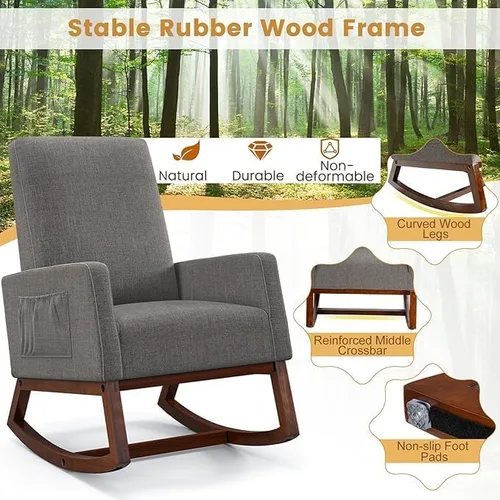 Vista 4 de MEDIMALL Cómoda mecedora, sillón moderno de tela con base de madera, bolsillo lateral, asiento acolchado de lino, adecuado para sala de estar
