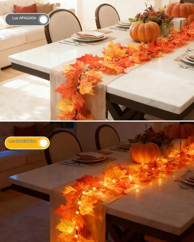 Vista 4 de Guirnalda de otoño de 60 luces LED de 9.8 pies con luces, 8 modos de iluminación, luces de hojas de arce alimentadas por pilas, decoraciones