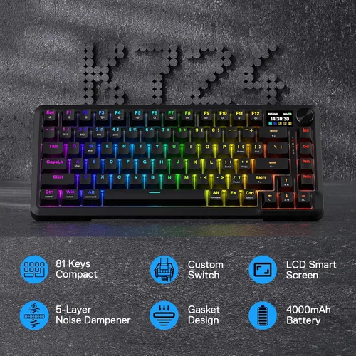 Vista 2 de Redragon K724 PRO Wireless Gasket Gaming Keyboard wHype Screen & Knob, 81-Key Mechanical Keyboard, Easy-Control 1.14 TFT Info Display, 5-Layer Noise