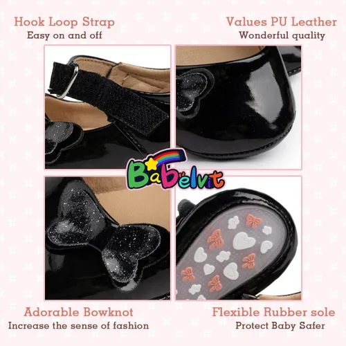 Vista 5 de Babelvit Zapatos planos Mary Jane de primera calidad con lazo para bebé, vestido de princesa para boda, zapatos de bautismo, suela de goma, piel