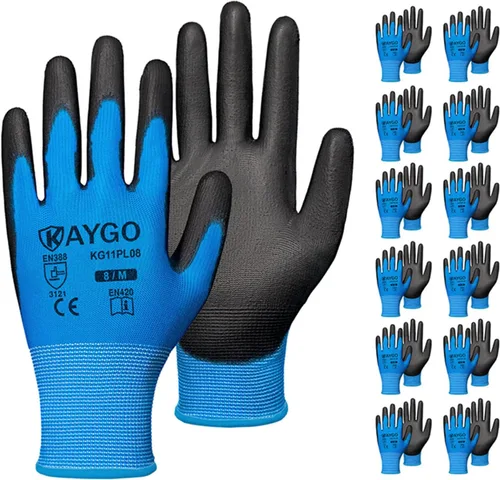 Vista 49 de KAYGO KG11PB - Guantes de trabajo de seguridad con revestimiento de poliuretano, 12 pares de guantes de punto sin costuras para hombres y mujeres