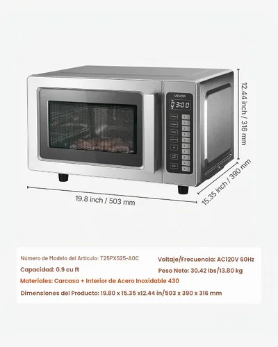 Vista 7 de VEVOR Horno microondas comercial, 0.9 pies cúbicos, 1000W Horno microondas digital de acero inoxidable para encimera con pantalla táctil, 10 ajustes