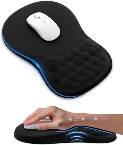 Vista 12 de Alfombrilla de mouse ergonómica con reposamuñecas, soporte de espuma viscoelástica con diseño de pendiente, superficie de licra lisa, base