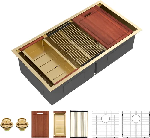 Vista 11 de Sarlai Fregadero de Cocina Dorado Bajo Encimera de 33 Pulgadas Doble Tazón 33 x 19 Pulgadas Bajo Dividido Dorado Estación de Trabajo Fregadero Doble