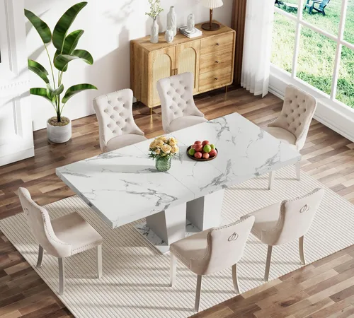 Vista 2 de Juego de mesa de comedor extensible de mármol sintético de 7 piezas para 6, mesa de comedor extensible blanca de 78.74 pulgadas con juego de 6
