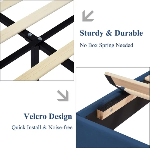 Vista 6 de VECELO Base de cama tapizada tamaño individual con cabecera de tela ajustable en altura, base de cama de plataforma resistente, base de colchón