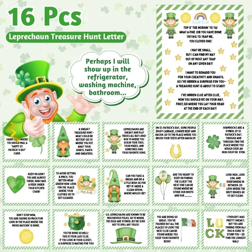Vista 4 de Shappy 1 juego de duende de peluche para niño y niña, juguete de peluche del día de San Patricio con monedas de trébol y letra de caza del tesoro