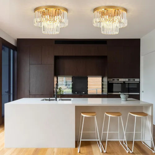 Vista 4 de Lámpara de Techo de Cristal Dorado de 17", 9 Luces, Accesorio de Iluminación de Cristal Moderno de 2 Niveles, Lámpara de Techo de Cristal K9 de Oro