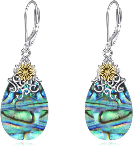 Vista 9 de POPLYKE - Aretes de plata de ley 925 con mariposa de libélula, colibrí, girasol, concha de abulón y piedra lunar, con cierre de palanca