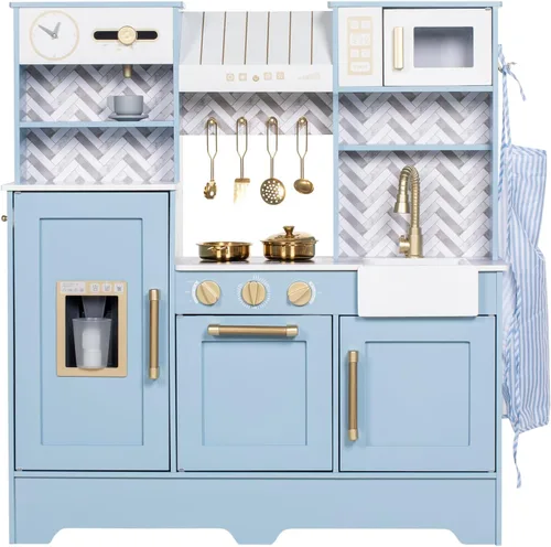 Vista 8 de BRINJOY Cocina de Juguete para Niños, Juego de Cocina de Madera para Niños con Cafetera, Horno, Estufa, Fregadero, Delantal, Máquina de Hielo