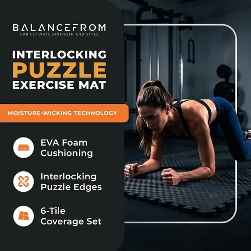 Vista 2 de BalanceFrom Tapete de ejercicio tipo rompecabezas con baldosas entrelazadas de espuma EVA para MMA – Ejercicio – Una pulgada de grosor, 24 pies Negro
