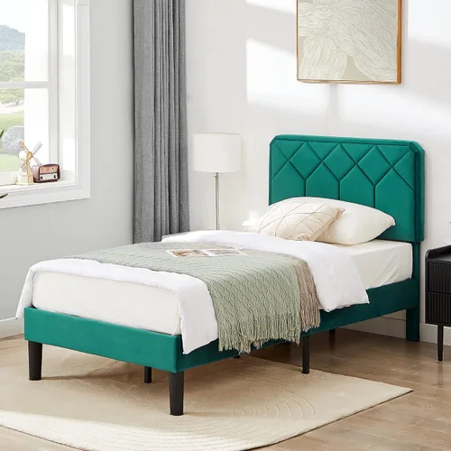 Vista 5 de VECELO Base de cama tamaño individual con plataforma tapizada de cuero de alta calidad con cabecera ajustable en altura / base de colchón, soporte