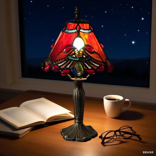 Vista 8 de Tiffany - Lámpara de mesa con perlas rojas, estilo barroco, vitral, luz de escritorio, pequeña lámpara de noche estilo Tiffany con bombilla LED