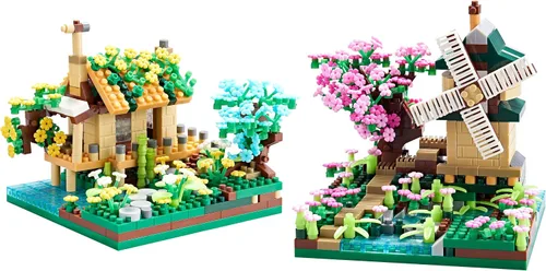 Vista 2 de Kadablk Conjunto de Construcción de Microbloques de Casa del Árbol Sakura, Conjunto de Construcción de Modelo de Molino de Viento de Amistad, 1200