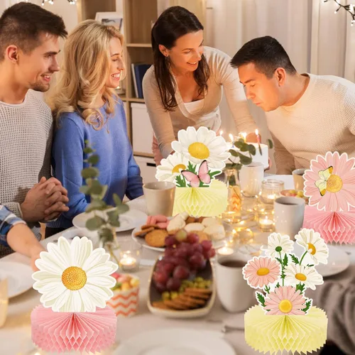 Vista 5 de Hotop 9 piezas de decoración de fiesta de cumpleaños con margaritas y mariposas, centros de mesa de margaritas 3D para mesas, decoración de mesa