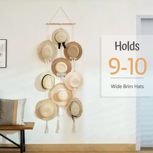 Vista 4 de Mkono Perchero para sombreros para pared, organizador de almacenamiento de gorras bohemias con borlas decorativas, soporte de exhibición moderno