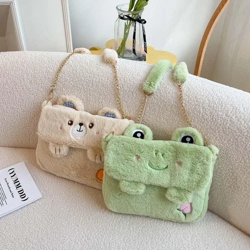 Vista 4 de Bolso cruzado de animal de felpa, lindo bolso de felpa Lolita, divertido regalo de cumpleaños para mujeres y niñas, Verde