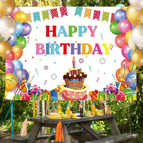 Vista 5 de Cartel de feliz cumpleaños, telón de fondo de globos coloridos para fiestas de niños, pasteles de colores grandes, fotografía, telón de fondo