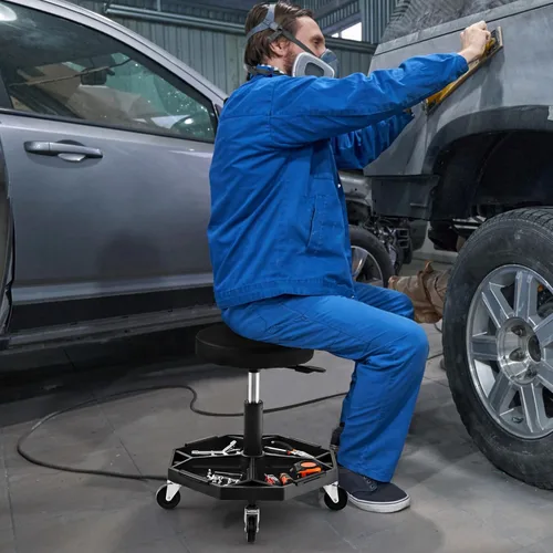 Vista 9 de S AFSTAR Garage Shop - Asientos enrollables neumáticos ajustables con bandeja de almacenamiento de herramientas y 4 ruedas universales, taburete