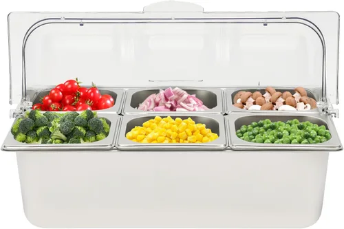 Vista 12 de Recipiente de acero inoxidable para servir alimentos para encimera, contenedor de servir alimentos con tapa, servidor de condimentos con cucharas