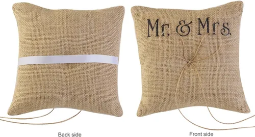 Vista 2 de TINKSKY Mr Mrs - Almohada de anillo de boda de arpillera y yute con lazo